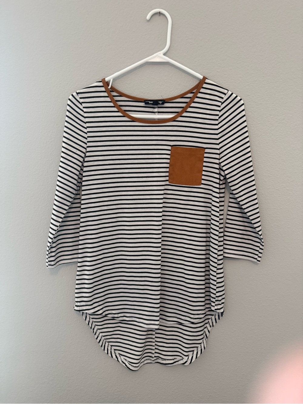 Striped Black & White Long-Sleeve Tee with Brown Pocket Trim